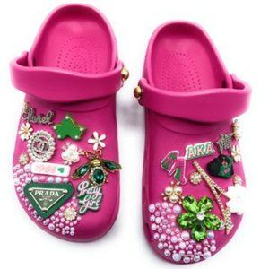 Dark Pink with A K A Green Bling Customized Clogs